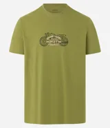 Remera verde oliva de corte recto, con cuello redondo y manga corta. Presenta un estampado de una moto antigua con la leyenda "Reviving Legends".