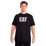 Remera negra de manga corta con logo CAT estampado en el pecho.