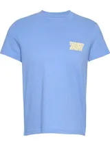 Remera celeste de algodón con cuello redondo y logo Tommy Jeans estilo burbuja en el pecho.