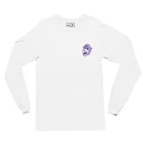 Remera blanca de manga larga con cuello redondo y estampado pequeño en el pecho de Alf con gafas de sol.