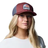 Gorra de béisbol Columbia color beige con paneles traseros de malla azul marino y logo de la marca bordado en el frente.