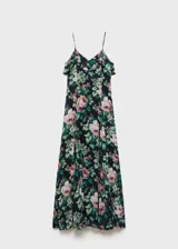Vestido largo de gasa con estampado floral, tirantes finos ajustables, escote en pico, detalle de volantes en el cuello y en el bajo, cierre de cremallera en la parte posterior y forro interior.