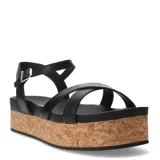 Sandalias negras con plataforma de corcho, tiras cruzadas y pulsera con hebilla.