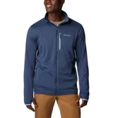 Campera polar Columbia Park View Fleece, color azul jaspeado, con cierre frontal completo, cuello alto, bolsillos laterales con cierre y bolsillo en el pecho con cierre vertical en color verde lima. Cuenta con tecnología Omni-Wick, puños elásticos con orificios para pulgares y protector de barbilla.