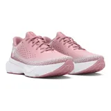 Zapatillas de running Under Armour Infinite para mujer, con capellada de tejido knit degradado en tonos gris y verde flúor, logo de la marca en el talón y suela blanca con tecnología HOVR.