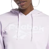 Buzo canguro Reebok color lila con capucha y logo Vector blanco estampado en el frente.