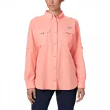 Camisa de pesca Columbia Bahama de manga larga color azul marino, con cuello abotonado, dos bolsillos frontales con cierre de velcro, ventilación en la espalda y tecnología Omni-Shade UPF 30.