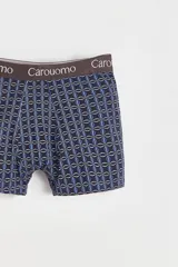 Boxer ajustado a rayas verticales azul marino y blancas, con cintura elástica gris con el logo de la marca Carouomo.