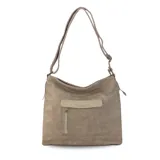 Cartera color visón, con bolsillo frontal con tapa y cierre. Incluye división interna, bolsillos internos y bolsillo trasero con cierre. Tiene correa larga regulable y asa de mano.