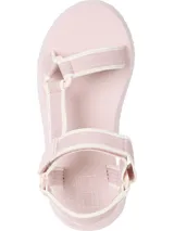 Sandalias de plataforma color rosa pálido con suela gruesa dentada. Presentan tiras de tejido trenzado rosa con bordes blancos y cierres adherentes.