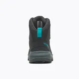 Bota de trekking impermeable de cuero negro con cordones turquesa, suela de goma gris y logo de la marca en el lateral.