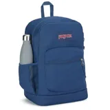 Mochila Jansport azul marino con un compartimento principal, bolsillo frontal con cierre, bolsillo lateral de malla para botella de agua y funda interna acolchada para laptop de 15 pulgadas.