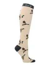 Calcetines largos color beige con estampado de patos en vuelo y logo RKF en la parte superior.