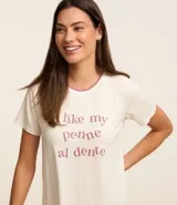 Camisón corto de viscosa color blanco con estampa cuadriculada y lettering "I like my penne al dente".