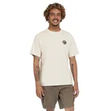 Remera color crema de manga corta con logo circular estampado en el pecho.