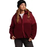 Campera Rusty modelo Kayla, color bordó, con diseño bicolor que combina tela lisa en la parte superior y tela tipo corderito en la parte inferior. Tiene cierre frontal con botones a presión y cuello alto.