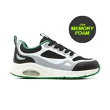 Championes deportivos American Sport Merril, con capellada negra, detalles en gris y blanco, y suela verde.