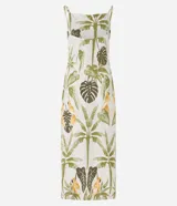 Vestido midi de viscosa con estampado de follaje, escote recto, breteles finos y espalda descubierta.