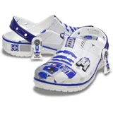 Zueco clásico Crocs con temática de R2-D2 de Star Wars. Presenta un diseño estampado en blanco y azul que simula la apariencia del droide, con detalles mecánicos en el talón y un adorno Jibbitz™ de una nave espacial.