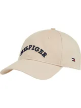 Gorra de béisbol beige de algodón con logo de Tommy Hilfiger bordado en azul en el frente y bandera de la marca bordada en el lateral.