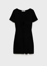 Vestido corto negro de punto fino con escote de pico y detalle de lazo.