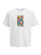 Camiseta blanca de manga corta y cuello redondo con estampado de dos músicos tocando instrumentos.