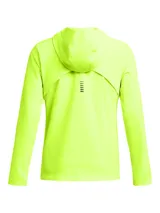 Campera deportiva Under Armour Outrun The Storm color lila, con capucha, cierre frontal completo, mangas largas con puños elásticos y logo en el pecho.