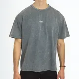 Remera gris con efecto stone wash, corte clásico, cuello redondo y manga corta. Estampado frontal pequeño con la palabra 'GAINS.' en color blanco.