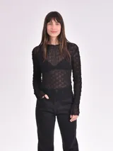 Remera negra de mangas largas con textura arrugada y transparente.