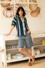 Camisa tejida de algodón a rayas verticales en tonos azul, celeste y rosa, con botones al frente y mangas cortas.