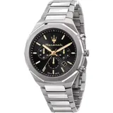 Reloj Maserati Stile para hombre, con caja redonda de acero inoxidable color plateado, esfera negra con detalles dorados y correa de acero inoxidable plateada.