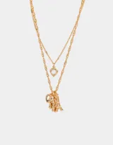 Cadena dorada de doble hilo, con dije de corazón con strass y dijes colgantes de corazón y torre Eiffel.