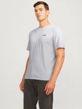 Remera gris de manga corta y cuello redondo, con logo "JJ REBEL" estampado en el pecho.
