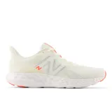Championes New Balance 411v3 para mujer, color blanco con detalles en plateado y naranja.