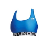Top deportivo Under Armour color azul con logo de la marca en el centro del pecho y banda elástica inferior con el nombre de la marca en blanco y negro.
