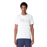 Remera de hombre Fila, color blanco, de corte regular, con logo de la marca en el frente con contorno negro, rosa y azul. Ideal para uso casual.