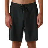 Boardshort negro de largo medio (19 pulgadas), con cierre frontal de velcro y cordón ajustable. Presenta un acabado ligeramente desgastado o lavado.