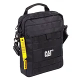 Bolso bandolera unisex color azul marino, con logo de Caterpillar en el frente y múltiples correas horizontales. Tiene correa de hombro ajustable y desmontable, bolsillo acolchado para tablet y bolsillo frontal con solapa y cierre de velcro.