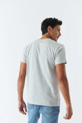 Remera de hombre color gris con logo y arte estampado en el frente, corte regular y mangas cortas.