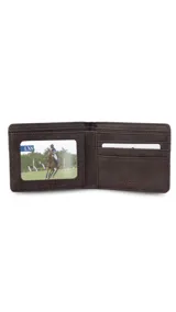 Billetera negra de símil cuero con banda elástica horizontal blanca. Interior con doble compartimento para billetes, visor y tarjeteros.