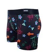 Boxer de lycra premium color negro con estampado de cactus, flamencos, flechas, estrellas y copas de cóctel en colores neón.