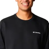 Buzo negro de cuello redondo, manga larga con puños y dobladillo acanalados. Presenta el logo de Columbia bordado en blanco en el pecho izquierdo y la palabra "Columbia" estampada verticalmente en blanco en la manga derecha.