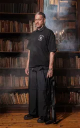 Remera negra de manga corta con cuello redondo y calce oversize. Estampa en sublimación con diseño de la carta del tarot 'El Carro'.