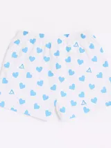 Bóxer de algodón blanco con estampado de flores pequeñas color celeste, con cintura elástica y logo de la marca en el centro.