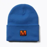 Gorro de lana negro con logo de Merrell bordado en color naranja.