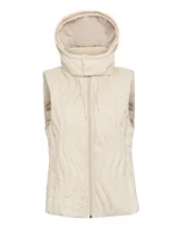 Chaleco campera color blanco antiguo, con relleno Thermore, cuello alto, cierre frontal y bolsillos laterales. El gorro es desmontable.