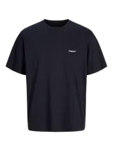 Remera negra de algodón con cuello redondo, corte holgado y manga corta. Estampa en la espalda con dibujo de una almeja amarilla y texto en blanco.