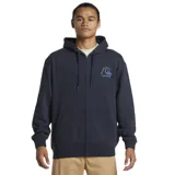 Canguro azul marino con cierre frontal, capucha con cordones ajustables, bolsillo tipo canguro y logo de Quiksilver estampado en el pecho.