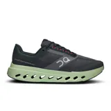 Championes de running On Cloudsurfer Next, color negro con detalles en verde y rosa.