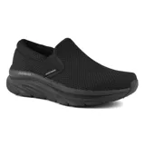 Zapatillas Skechers Relaxed Fit D'Lux Walker sin cordones, color negro, con capellada de tejido técnico, plantilla acolchada Skechers Air-Cooled Memory Foam y suela de goma flexible.